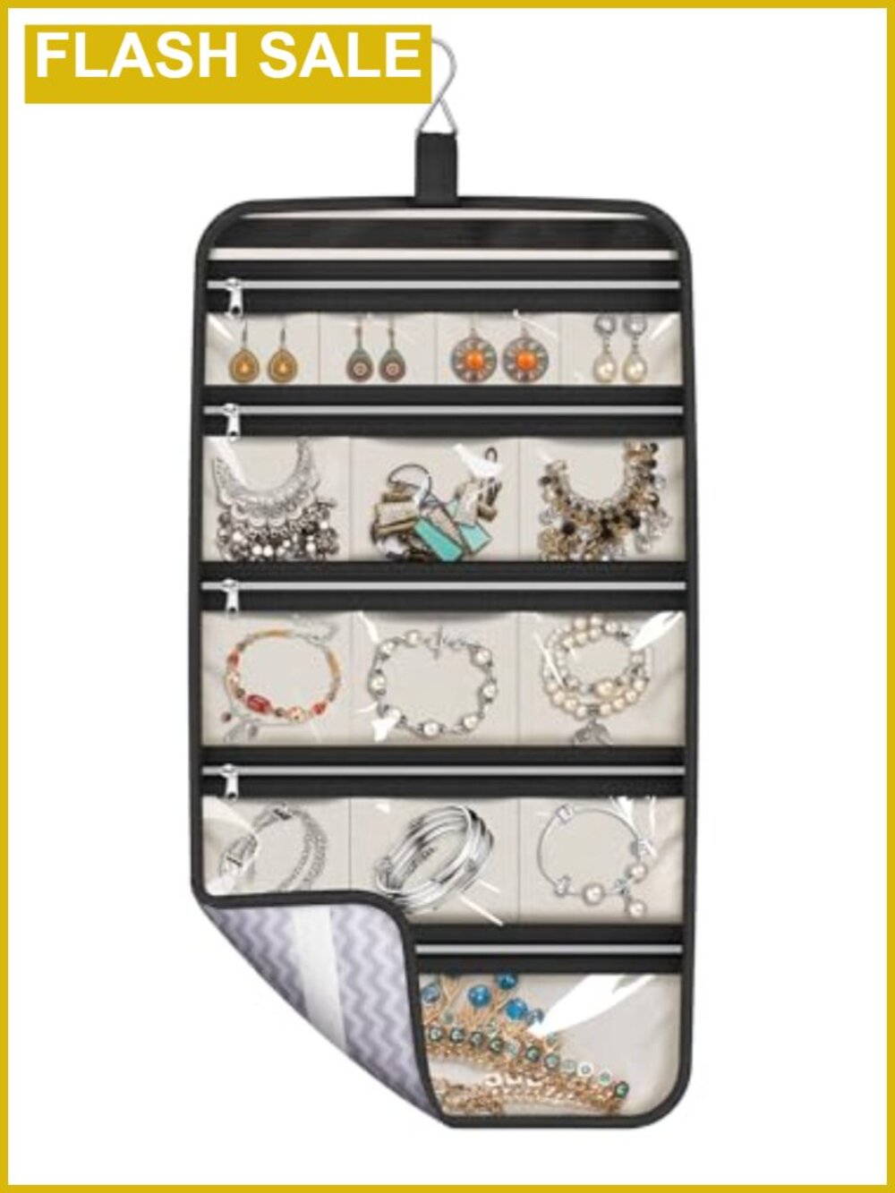 Foldable Hanging Jewelry Organizer Travel Roll 14 Cotton Zippered Pockets